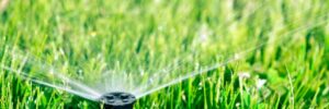 Sprinkler system watering lawn in the spring