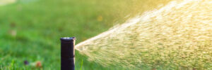 Close-up automatic garden watering system with different sprinklers installed under turf. Landscape design with lawn hills and fruit garden irrigated with smart autonomous sprayers at sunset time.