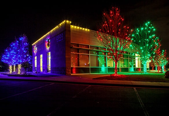 Building and trees adorned with colorful holiday lights, featuring blue, red, and green hues, against a dark sky.