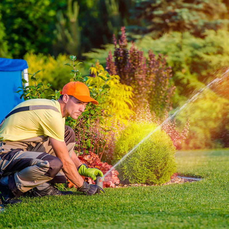 A person in work attire adjusts a garden sprinkler on a sunny day, surrounded by lush green plants and colorful flowers.